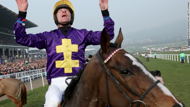 Davy Russell celebrates after riding Lord Windermere to victory in the Cheltenham Gold Cup Chase on March 14.