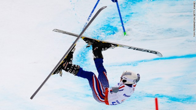 Aleksandr Akhmadulin of Russia crashes in the men's giant slalom standing during day eight of the Sochi 2014 Paralympic Winter Games.