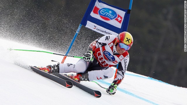 Austrian skier Marcel Hirscher in action during the giant slalom at the World Cup Finals in Lenzerheide.