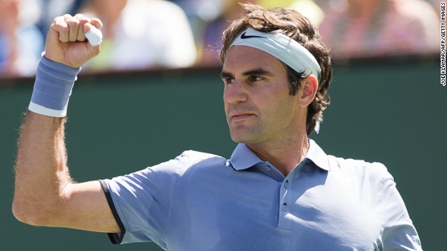 Swiss tennis star Roger Federer celebrates his semifinal victory over Ukraine's Aleksandr Dolgopolov at Indian Wells.