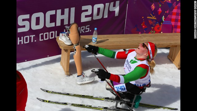 Valiantsina Shyts of Belarus reacts after crossing the finish line in the women's cross-country 5-kilometer sitting event on March 16.