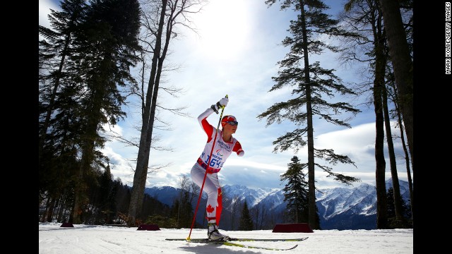 Brittany Hudak of Canada competes in the women's cross-country 5-kilometer free standing event.