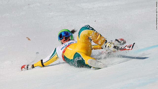 Melissa Perrine of Australia crashes in the women's giant slalom visually impaired event on March 16.