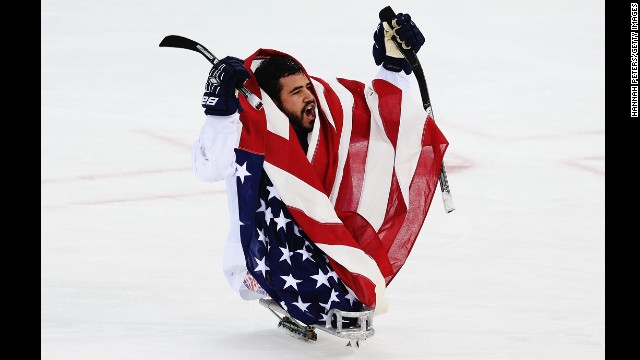 Nikko Landeros of the U.S. celebrates after winning the ice sledge hockey gold medal game against the Russian Federation on March 15.