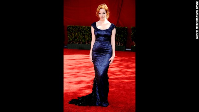 Actress Christina Hendricks wears a dark blue L'Wren Scott gown at the 2009 Primetime Emmy Awards.