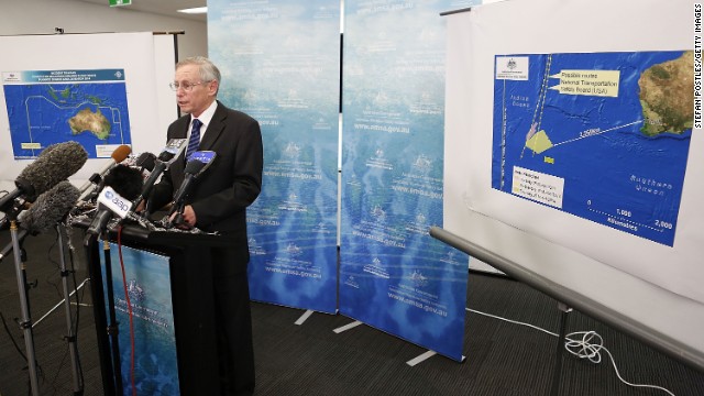 The Australian Maritime Safety Authority's John Young speaks to the media in Canberra, Australia, on March 20 about satellite imagery.