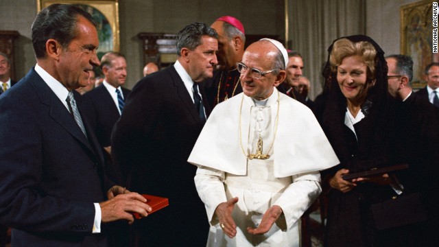 President Richard Nixon meets with Pope Paul VI at the Vatican in 1970.