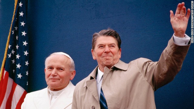 In 1984, President Ronald Reagan meets with Pope John Paul II at the airport in Fairbanks, Alaska. The Pope was making a layover on his way to South Korea, Papua New Guinea, the Solomon Islands and Thailand. Reagan was on his way home from China.