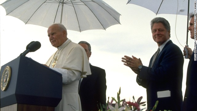 President Bill Clinton stands by as Pope John Paul II speaks at a news conference in Denver in 1993. Before attending the Catholic World Youth Day, the outspoken Pope surprised the pro-choice President during their first public meeting with stern anti-abortion remarks.