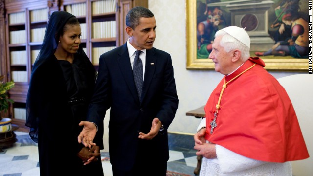 President Barack Obama and first lady Michelle Obama meet with Pope Benedict XVI at the Vatican in 2009.