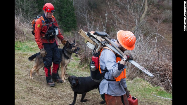 Search-and-rescue workers use dogs to look for survivors on March 25.