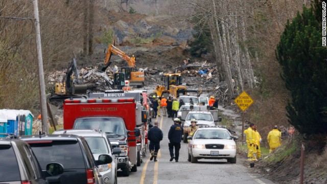 Emergency vehicles fill State Route 530 leading to the scene of the landslide in Oso on Wednesday, March 26. 