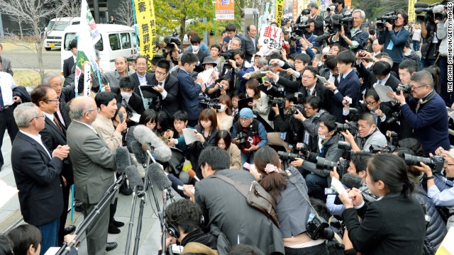 Hideko Hakamada speaks to reporters on March 27 in Shizuoka. She told the crowd, "Thank you very much. I am very pleased. I am very thankful with everyone's support," according to the NHK footage.