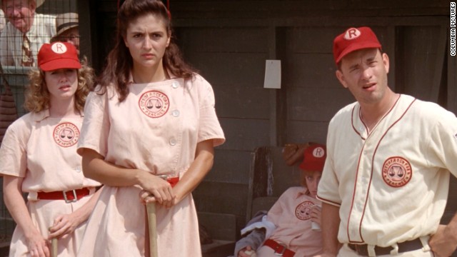 Tom Hanks, right, plays the coach of a team in the women's professional baseball league in the 1992 film "A League of Their Own." 