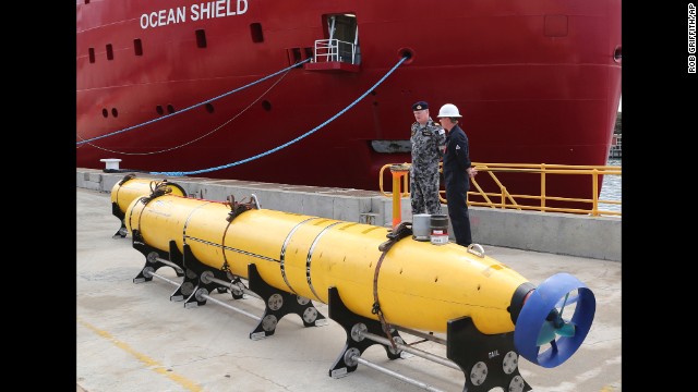 An underwater search-surveying vehicle sits on the wharf in Perth, Australia, ready to be fitted to a ship to aid in the search for the jet.