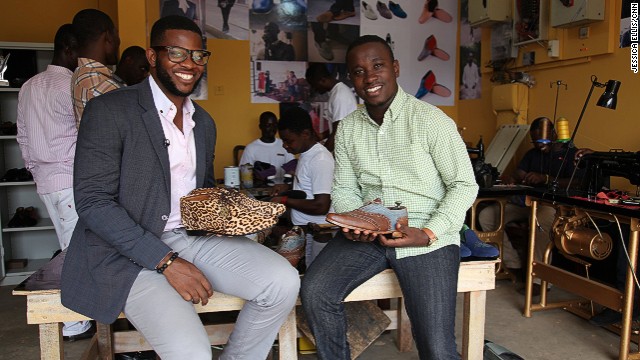 In 2011, Deegbe (left) teamed up with friend Vijay Manu to start a high-end shoemaking company based in Accra, the capital of Ghana.