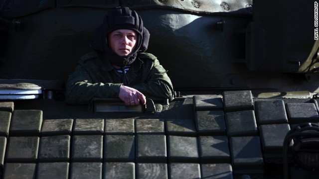 A Russian solder sits in a tank at the Ostryakovo railway station, not far from Simferopol on March 31.