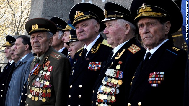 Soviet military veterans take part in a flower-laying ceremony at the Soviet-era World War II memorial in Sevastopol on Thursday, April 3. 