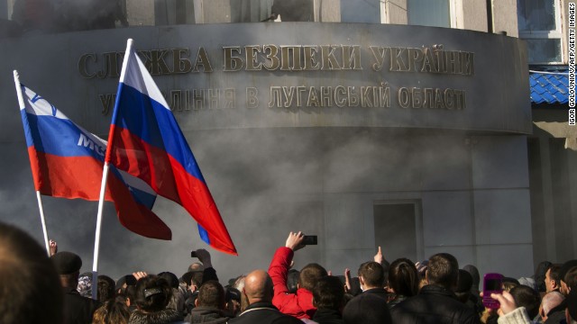 Pro-Russian activists hold a rally in front of a Ukrainian Security Service office in Luhansk, Ukraine, on April 6. 