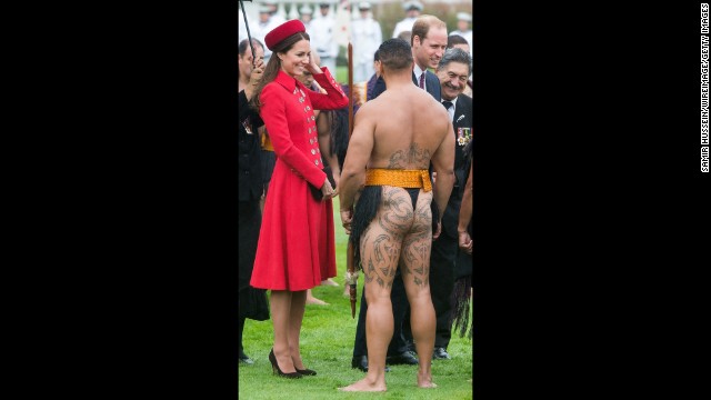 Catherine Talks With A Maori Warrior During The Welcoming
