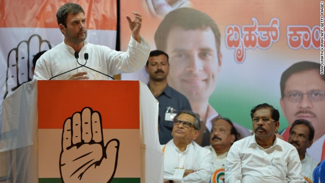 Rahul Gandhi, one of the leading candidates for prime minister, addresses supporters during an election rally in Bangalore, India, on April 7. Gandhi's great-grandfather, grandmother and father have all served as prime minister.