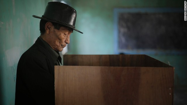 An elderly man casts his vote in Manipur, India, on April 9.