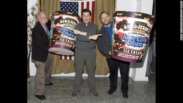 Very quickly, Colbert's influence rose so high that he got his own Ben & Jerry's ice cream flavor: AmeriCone Dream. Here he poses with Ben Cohen, left, and Jerry Greenfield at the flavor's launch party.