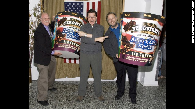 Very quickly, Colbert's influence rose so high that he got his own Ben &amp; Jerry's ice cream flavor: AmeriCone Dream. Here he poses with Ben Cohen, left, and Jerry Greenfield at the flavor's launch party.