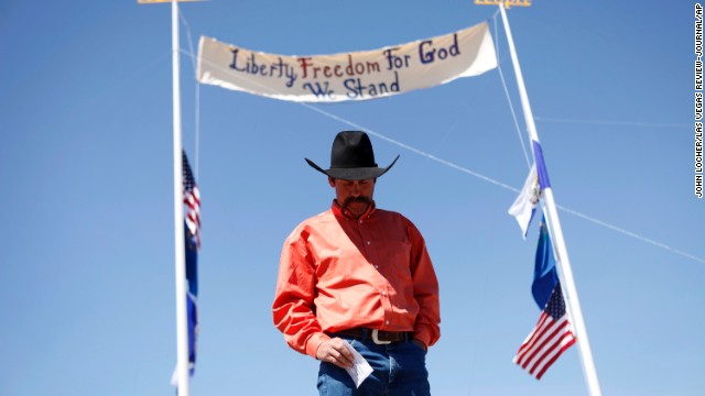Rancher Derrel Spencer speaks during a rally in support of Bundy on April 7.