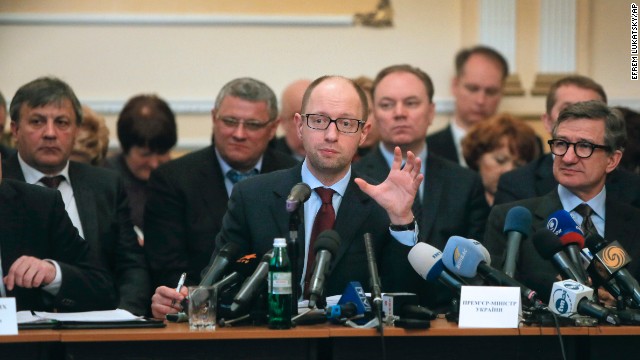 Ukrainian Prime Minister Arseniy Yatsenyuk speaks April 11 during his meeting with regional leaders in Donetsk, Ukraine. Yatsenyuk flew into Donetsk on Friday, where pro-Russian separatists are occupying the regional administration building and calling for a referendum.