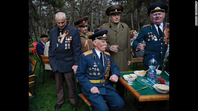 World War II veterans gather on April 13 in Simferopol, Crimea, during a celebration of the 70th anniversary of the city's liberation from German troops during World War II.