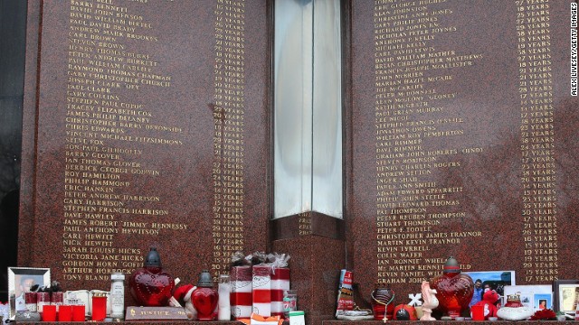The names of the 96 victims are listed on a memorial outside Liverpool's Anfield stadium. 