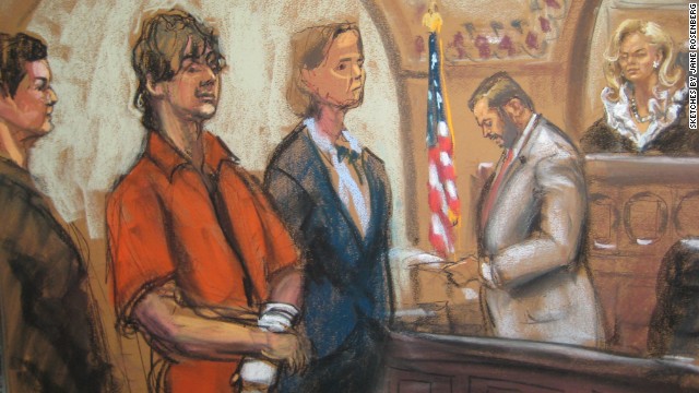 Tsarnaev stands in court, flanked by his lawyers, in this sketch from July 2013, the last time he has been seen in public.