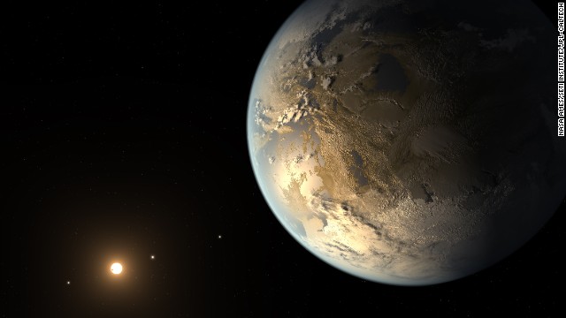 A team of astronomers announced April 17, 2014, that they have discovered the first Earth-size planet orbiting a star in the so-called "habitable zone" -- the distance from a star where liquid water might pool on the surface. That doesn't mean this planet has life on it, says Thomas Barclay, a scientist at the Bay Area Environmental Research Institute at Ames and a co-author of a paper on the planet, called Kepler-186f. He says the planet can be thought of as an "Earth-cousin rather than an Earth-twin. It has many properties that resemble Earth." The planet was discovered by NASA's Kepler Space Telescope. It's located about 500 light-years from Earth in the constellation Cygnus. The picture above is an artist's concept of what it might look like.