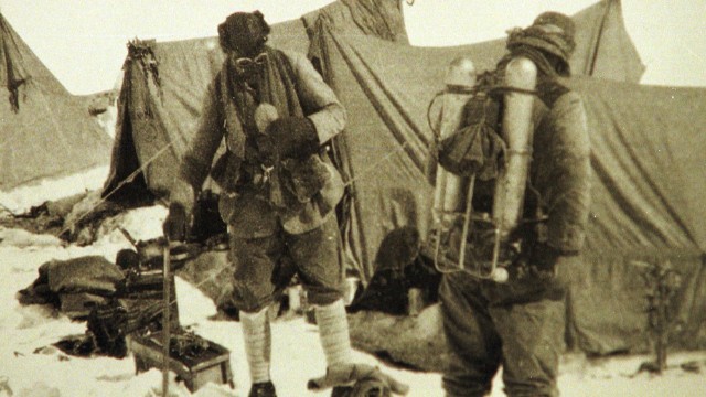 Mallory returns to Everest In June 1924. He's seen here with his climbing partner Andrew Irvine at the base camp. This is the last photo of the the two before they disappeared on the mountain. Mallory's body was found 75 years later, showing signs of a fatal fall. The camera the pair were known to carry, and which may hold clues to their demise, has never been found. 