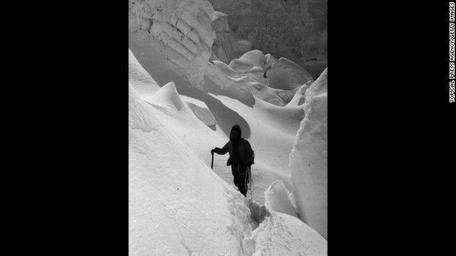 Shipton leads an expedition exploring the Khumbu Glacier icefall in November 1951. 