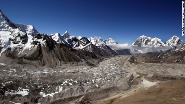 On April 5, 1970, six Sherpas died in an avalanche at the Khumbu Icefall. The icefall, at the head of the Khumbu Glacier, seen here in 2003, is one of the more treacherous areas of the ascent. 