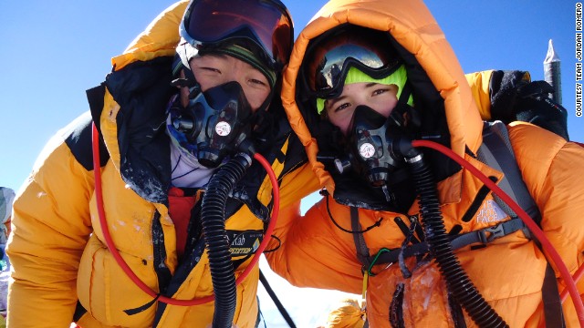 Jordan Romero became the youngest person to reach the summit, at age 13, on May 22, 2013. Jordan, right, is seen here on the summit with one of the Sherpas who helped him make the ascent. 