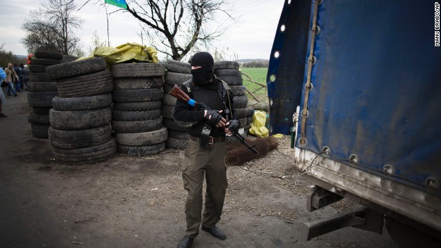 A pro-Russian militant is seen at the roadblock near Slavyansk on April 20.