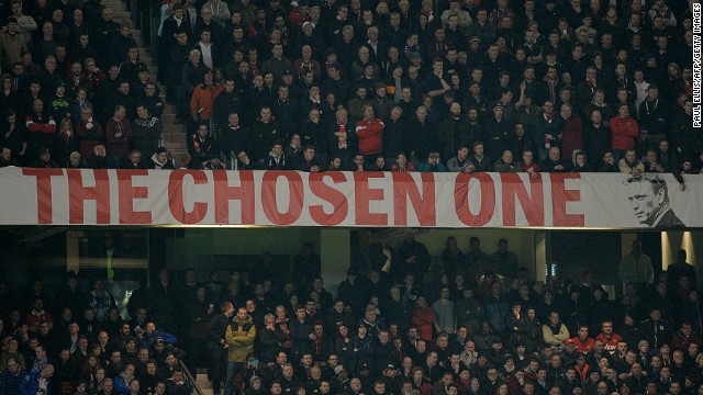 Moyes didn't need reminding that he was Ferguson's choice of replacement. This banner has been a constant fixture at the Stretford End at Old Trafford all season. Ferguson told fans to give Moyes time after his farewell game in charge at the "Theater of Dreams," but the Glazer family has run out of patience. 