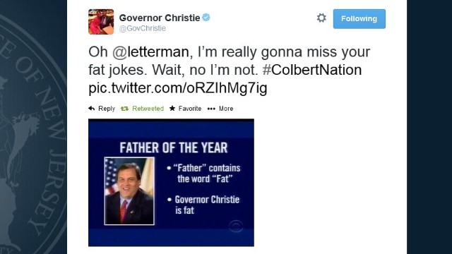 Zing! Christie knocks Letterman for fat jokes, backs Colbert