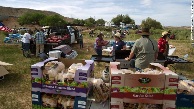 Bundy family members and supporters of rancher Cliven Bundy set up for a "Patriot Party" on April 18. The family organized the party to thank people who supported Cliven Bundy in his dispute with the Bureau of Land Management. 