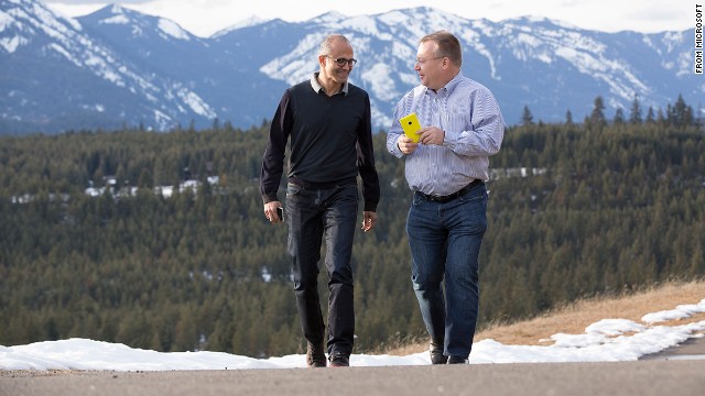 Ahh, bromance. Microsoft CEO Satya Nadella, left, and former Nokia CEO Stephen Elop 