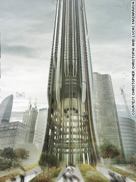 The proposal by UK-based designers Christopher Christophi and Lucas Mazarrasa calls for tall cylindrical skyscrapers to replace the existing flagship train stations that have a large footprint.