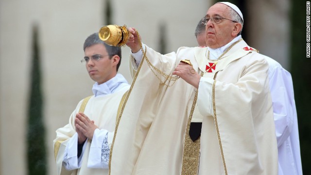 Pope Francis leads the canonization Mass, in which John Paul II and John XXIII were declared saints, in Vatican City on April 27.