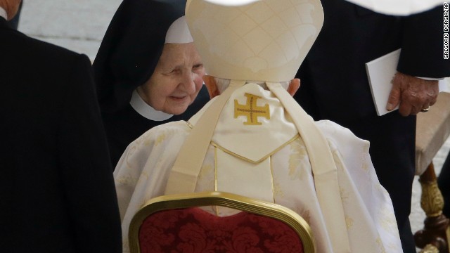 Pope Emeritus Benedict XVI greets Sister Tobiana, the Italian nun who took care of Pope John Paul II until his last moments. 