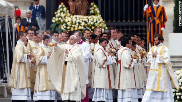 Pope Francis leads the solemn ceremony at the Vatican on April 27.