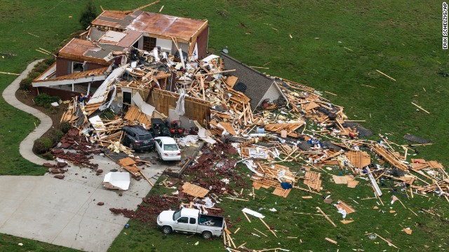 A tornado-damaged home near Fayetteville, Tennessee, is seen on April 30.