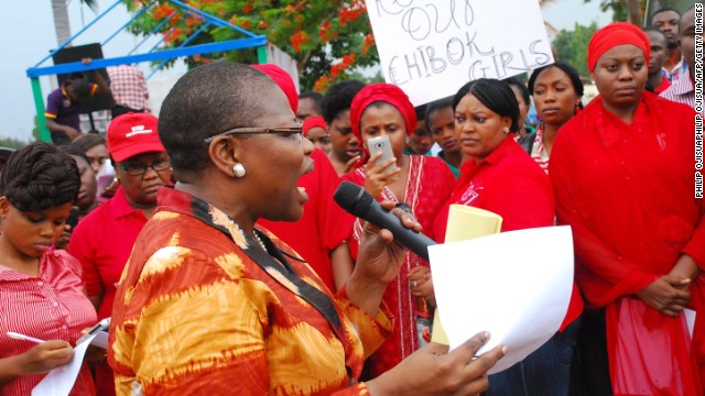 Obiageli Ezekwesili, former Nigerian education minister and vice president of the World Bank's Africa division, leads a march of women in Abuja on April 30.