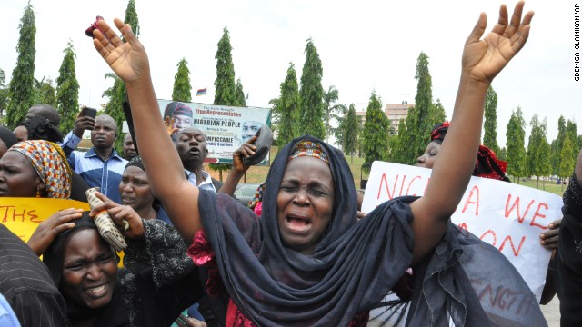 A woman cries out during a demonstration Tuesday, April 29, in Abuja with other mothers whose daughters have been kidnapped.
